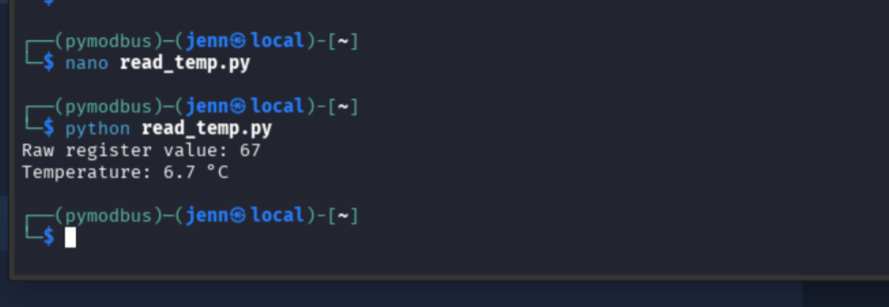 read_temp.py output showing current register 0 temperature value